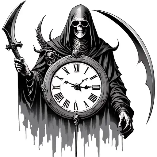 Grim Reaper Holding A Scythe In Front Of A Large Old Clock