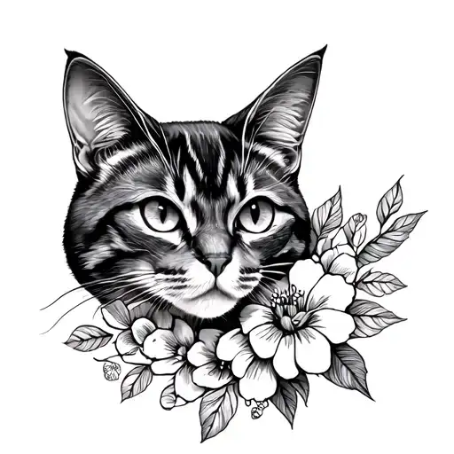 Fine Line Cat With Flowers