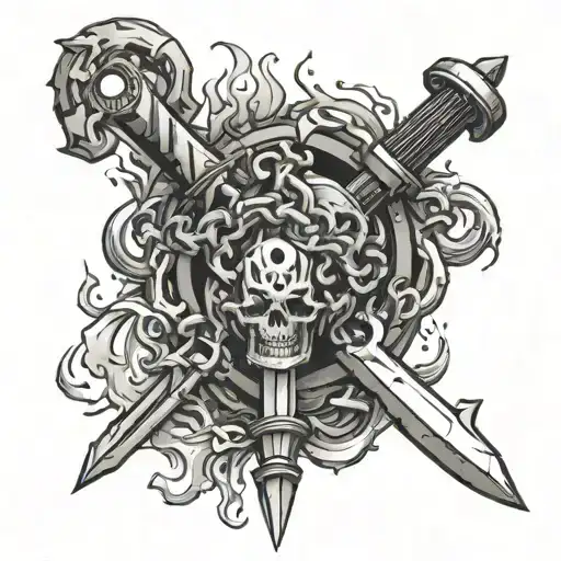 Chains Breaking And Fire Flames And Bloody Dagger