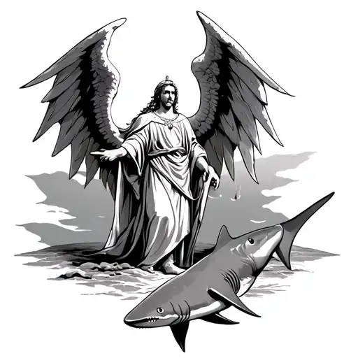 Archangel Saint Michel With Manta Ray Wings And A Hammer Shark On The Ground
