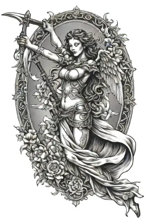 Femal Archangel Flying Holding Sword Piercing