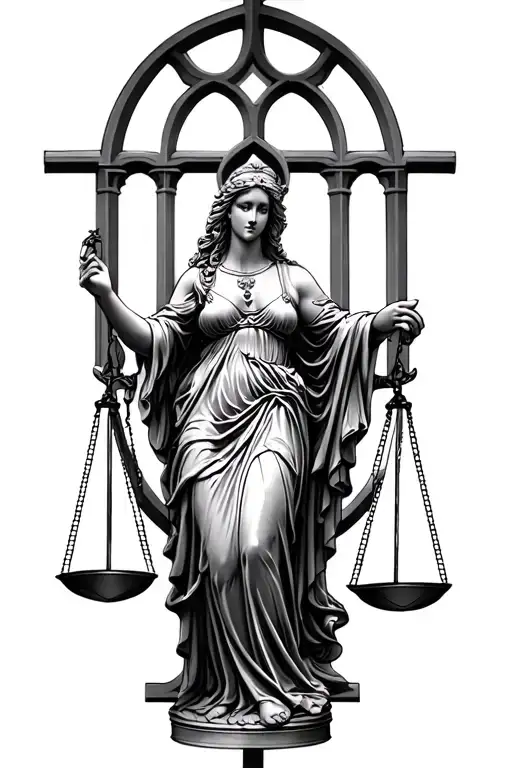 Lady Justice With Church Windows Behind And Spins All Over