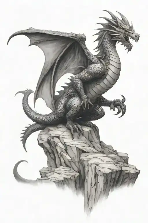 Full Body Medieval Dragon On A Cliff