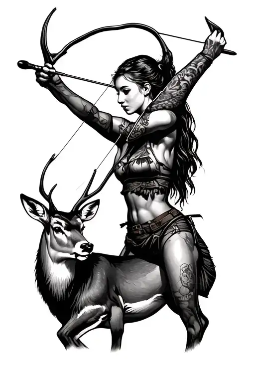 Woman Archery Hunter Aiming A Bow Facing A Deer