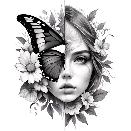 Half Butterfly Half Flowers With Partial Women's Face Fine Line