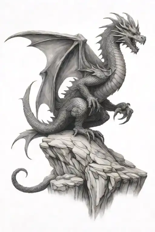 Full Body Medieval Dragon On A Cliff Overlooking A Vast