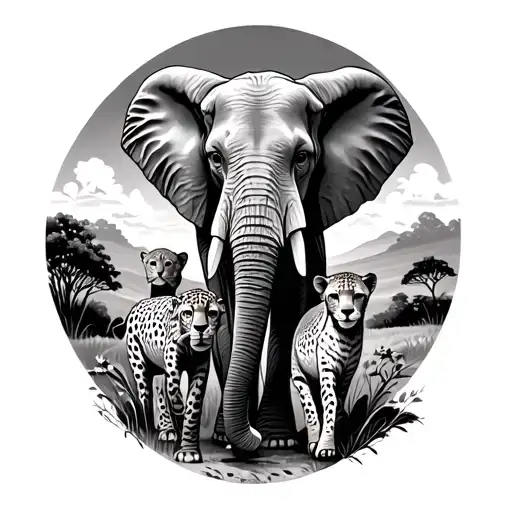 Elephant And Cheetah Walking Surrounded By Nature Scene