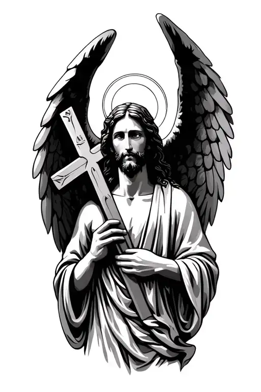 Jesus Holding The Cross With Angel Wings And A Halo