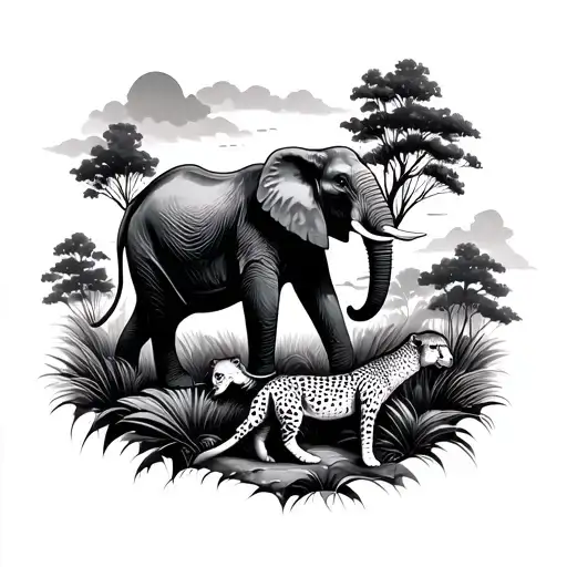 Elephant And Cheetah Walking Surrounded By Nature Scene