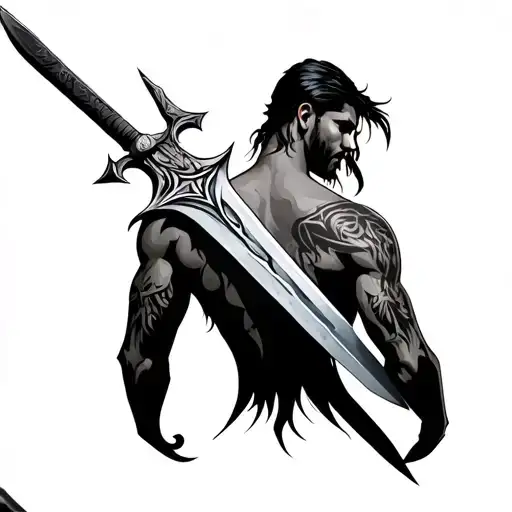 Back Tattoo Skin Colored Sword Along Spine With Black And Grey Viking Motives On The Sides
