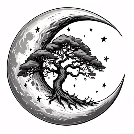 A Tree Inside Of A Moon Crescent With Stars Around It