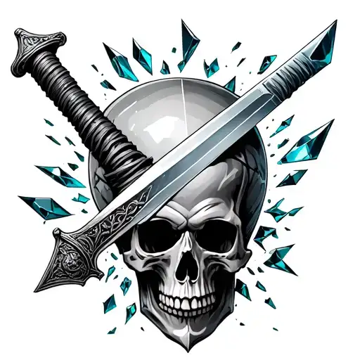 Sword Wrapped Around A Skull With Glass Shards Flying