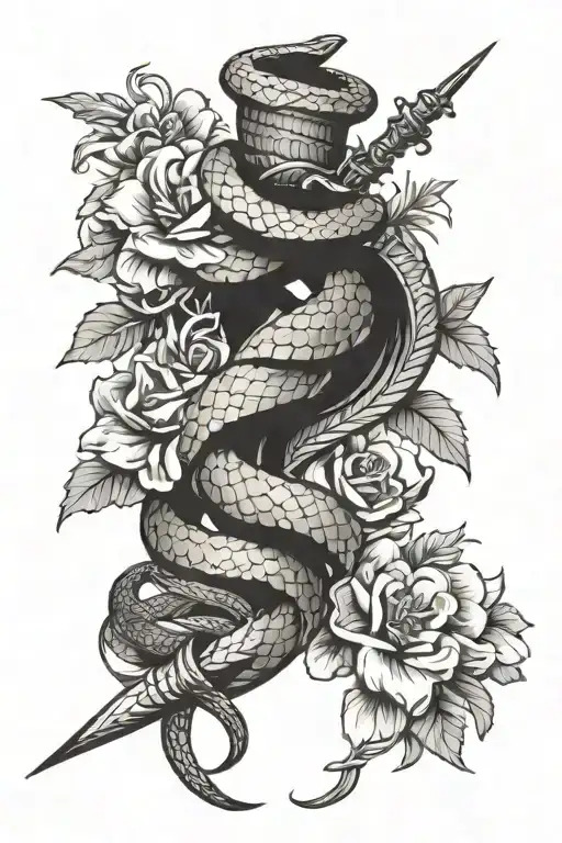 Snake Wrapped Around A Dagger With Flowers