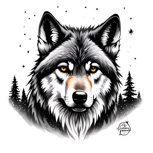 Realistic Wolf Tattoo With Forest Background And Starry Sky Showing The Stars Of The Brightest Ori