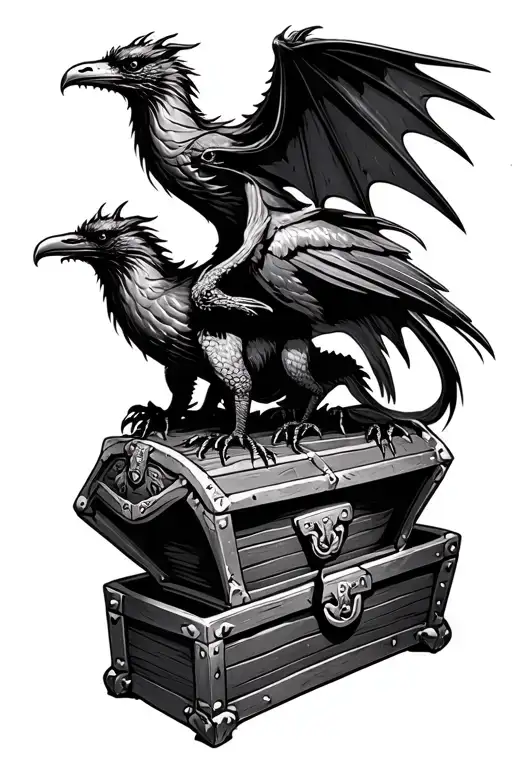 Dragon And A Raven On A Treasure Chest