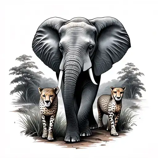 Elephant And Cheetah Walking Surrounded By Nature Scene