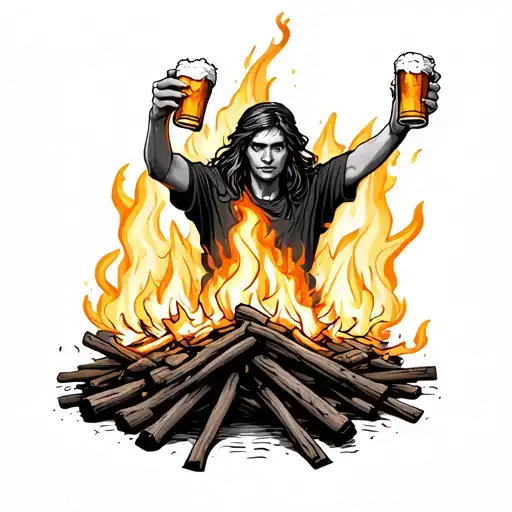Person Around A Fire Holding Up A Beer