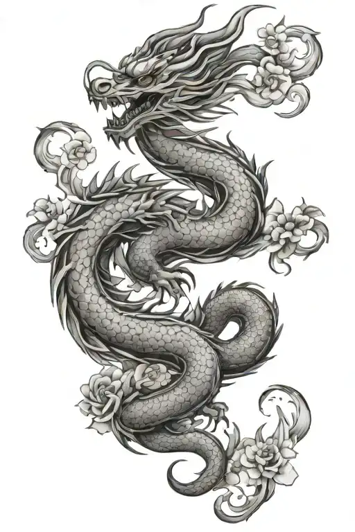 Oriental Dragon Surrounded By Blooming