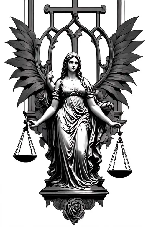 Lady Justice With Church Windows Behind And Rose Spins