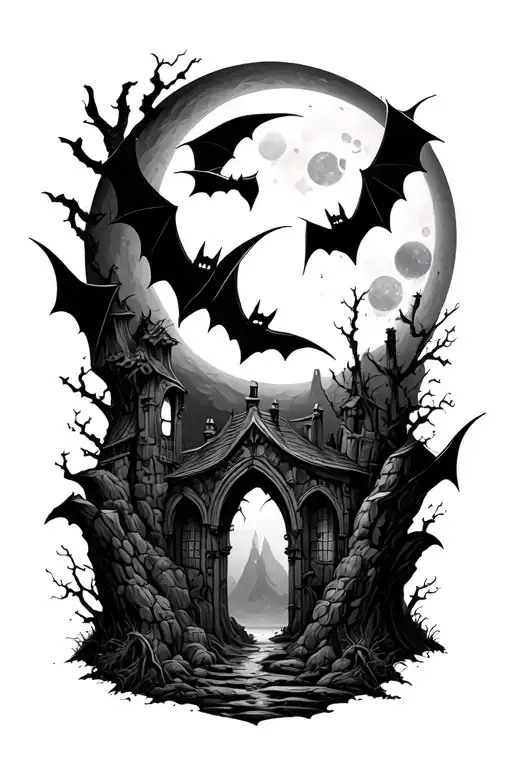 Gothic Bats Caves And Moon Surrounded