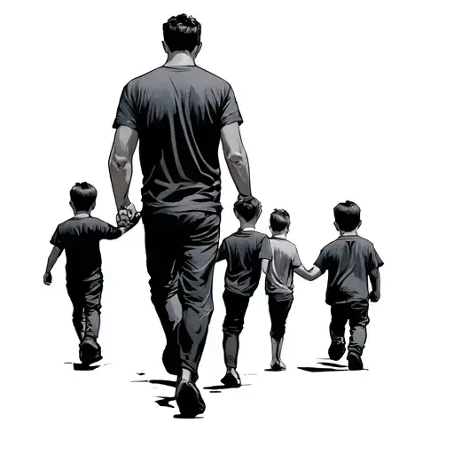 Dad And 3 Sons Walking Hand In Hand