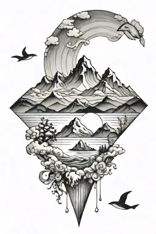 Feminine Tattoo Of Ocean And Mountains