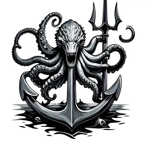Kraken Perched On Buried Anchor With A Trident