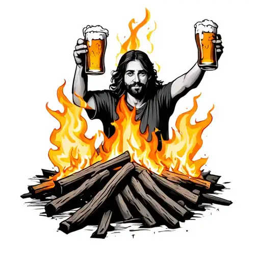 Person Around A Fire Holding Up A Beer