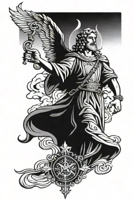 Saint Raphael Holding A Caduceus With Cloudy Background