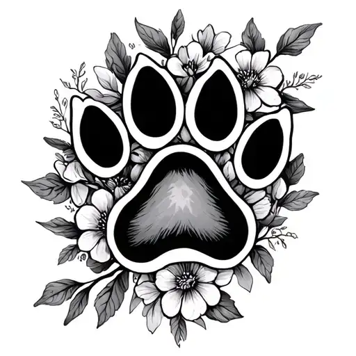 Paw Print And Birth Flowers On Vine Aroud The Paw Print Surrounded