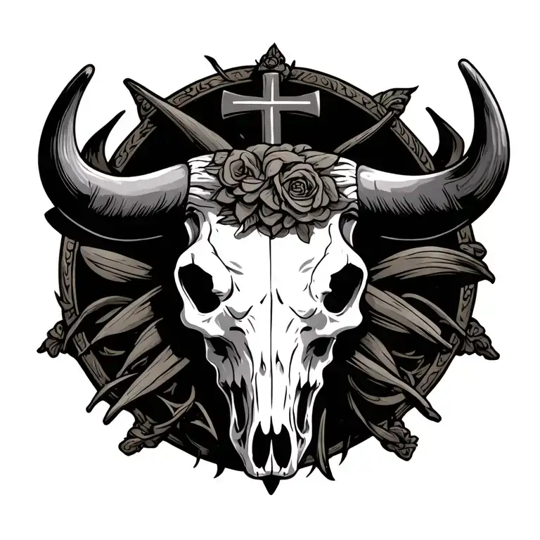 Bull Skull With A Cross Behind It