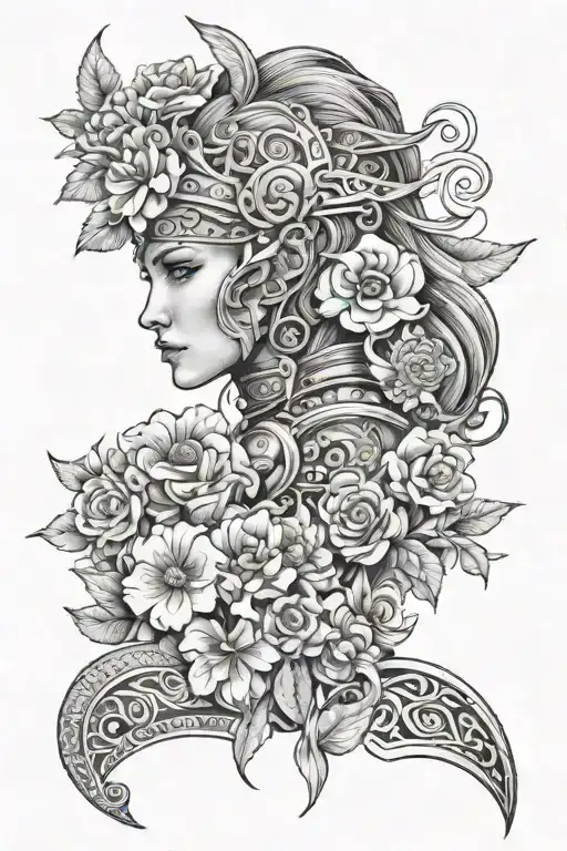 Flowers And Viking Symbols Representing Warrior Woman And Family