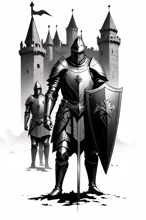 Knight In Armour And Shield Watching Over Three Knights With Castle In Background