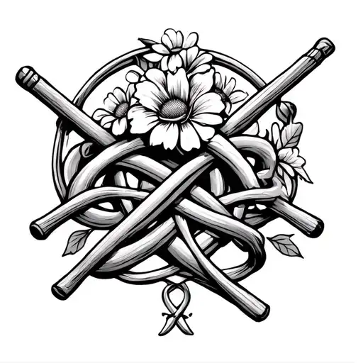 Drum Sticks And Flowers Wrapped Loosely Intertwined With A Celtic Knot