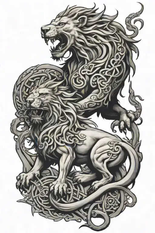 A Lion And Dragon Fighting With Celtic Runes