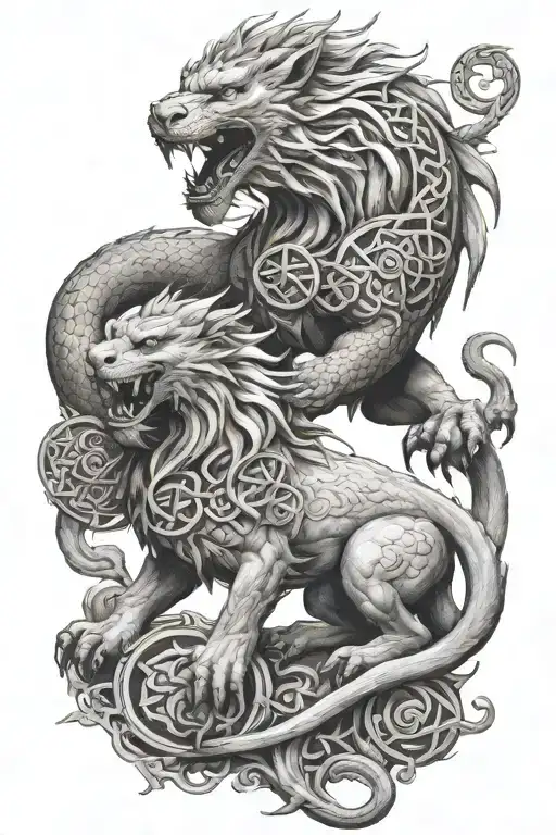 Dragon Fighting A Lion With Celtic Runes