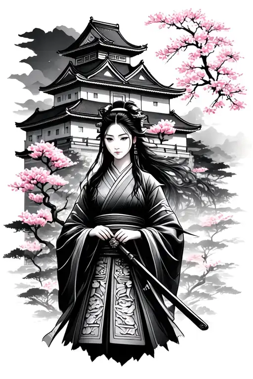 Japanese Lady Holding Samurai Background Castle Ang Sakura Tree