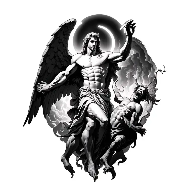 Archangel Michael With Halo On His Head Defeating Satan Emerging From Hell