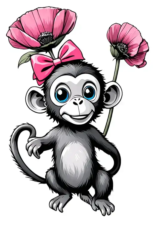 Cartoon Monkey With Blue Eyes And A Pink Bow Swinging On A Poppy Flower Stem