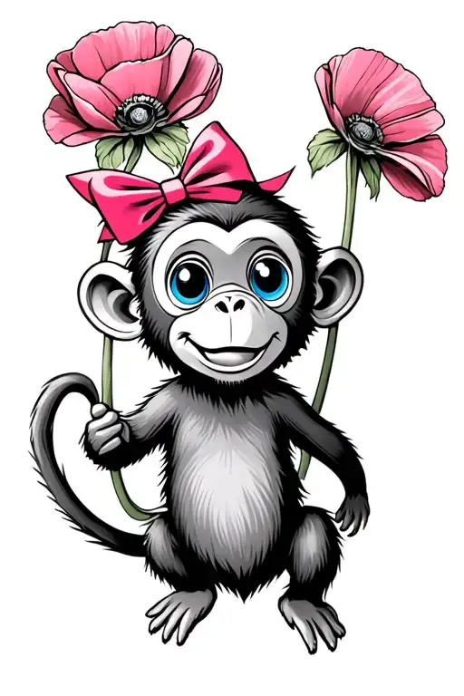 Cartoon Monkey With Blue Eyes And A Pink Bow Swinging On A Poppy Flower Stem
