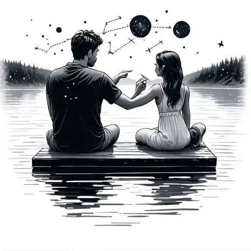 Father Daughter Sitting On Lake Deck Pointing At Constellation