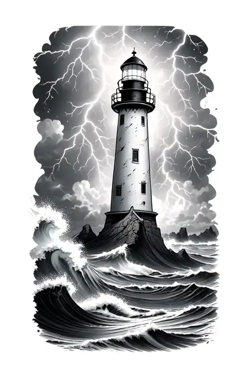 Lighthouse Shining In Thunder Storm Lightning And Big Waves And Rocks