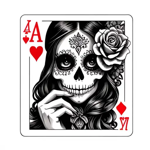 Day Of The Dead Woman Face Holding Ace Of Hearts Card With A Rose