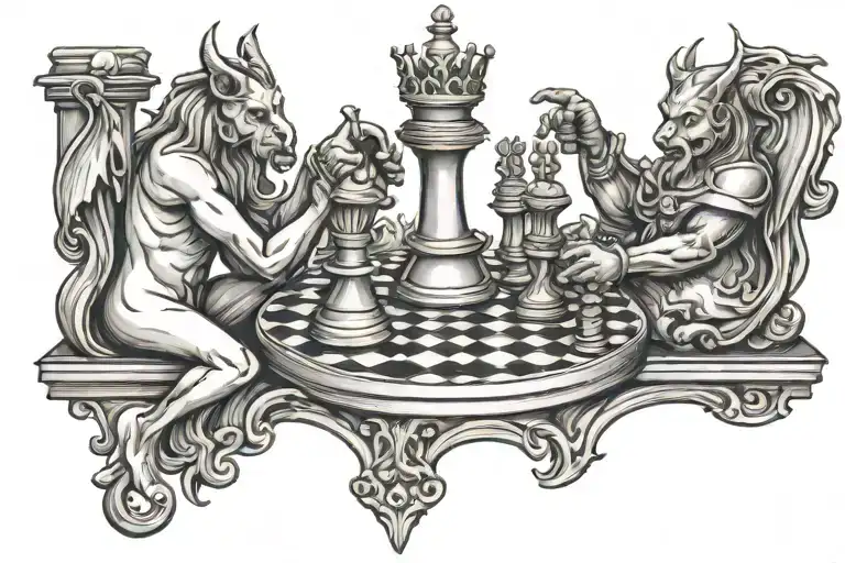 God And Devil Playing Chess Pieces Arranged