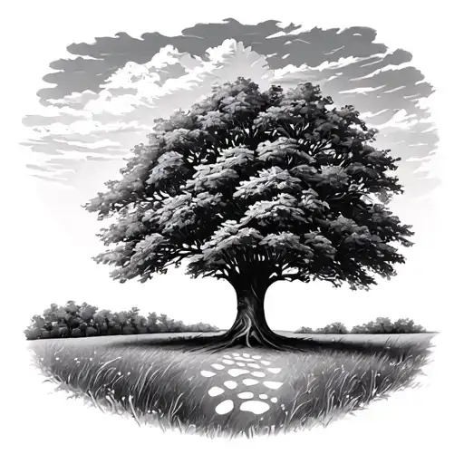 Family Tree In A Field With Baby Footprints Leading To The Base Of The Tree