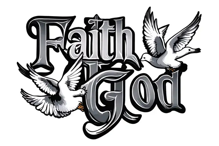 Faith In God Big Letters With Doves Flying And Cross
