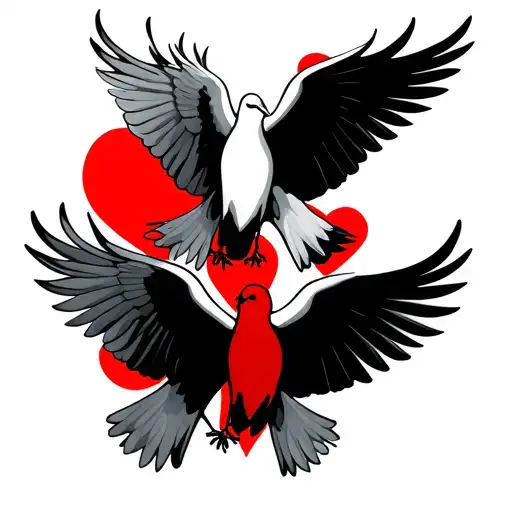 4 Doves And Heart As Background Red