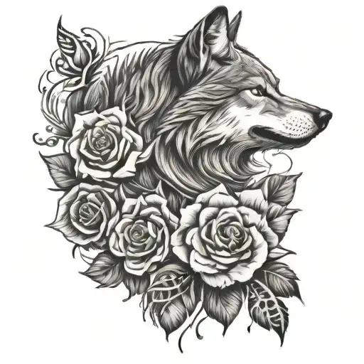 Wolf Und Rose Tattoo Design Incorporating Elements