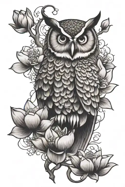 Owl And Lotus Flower Blooming Cherry Blossom