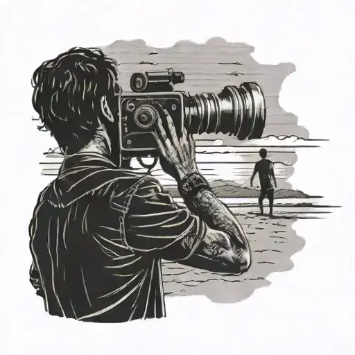 A Silhouette Of A Person Filming A Sunset With A Vintage Video Camera On A Sandy Beach